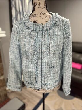 J. Crew Factory Light Blue Tweed Fringe Jacket